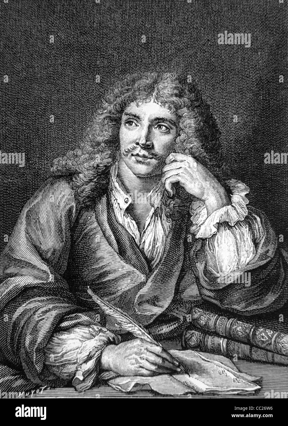 Portrait of Molière, Jean-Baptiste Poquelin de (1622-73) French Dramatist & Writer Writing with Quill Pen. Portrait Engraving by Lépicé  of Painting by C. Coypel. Stock Photo