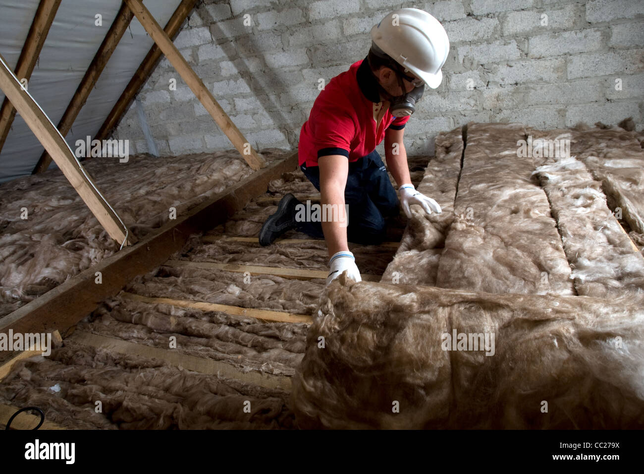A worker lays loft insulation in the attic of a residential property Stock Photo