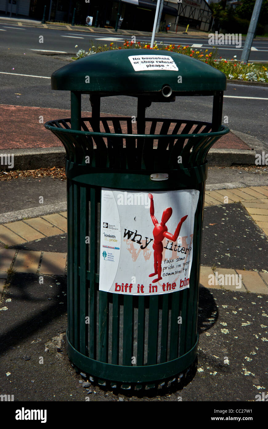 Antilittering sidewalk trash bin in town of Tirau New Zealand Stock