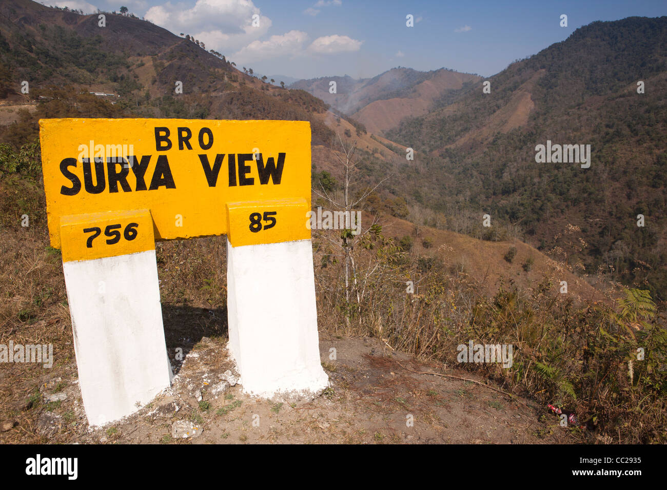 India, Arunachal Pradesh, Lower Subansiri district, Border Roads Agency Surya View sign at sunrise viewpoint Stock Photo