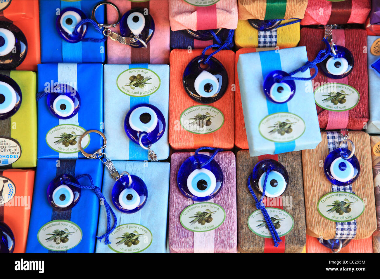 Greek 'evil eyes', protective good luck charms, for sale to tourists Stock Photo