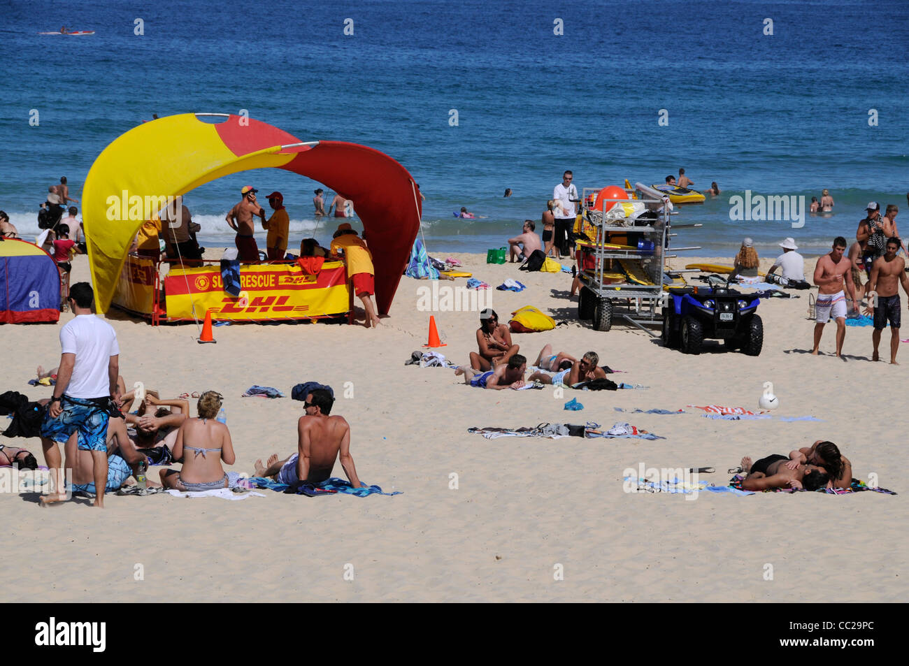 A red and yellow Life guard's first-aid centre (medical centre) at Bondi Beach near Sydney, New South Wales, Australia Stock Photo