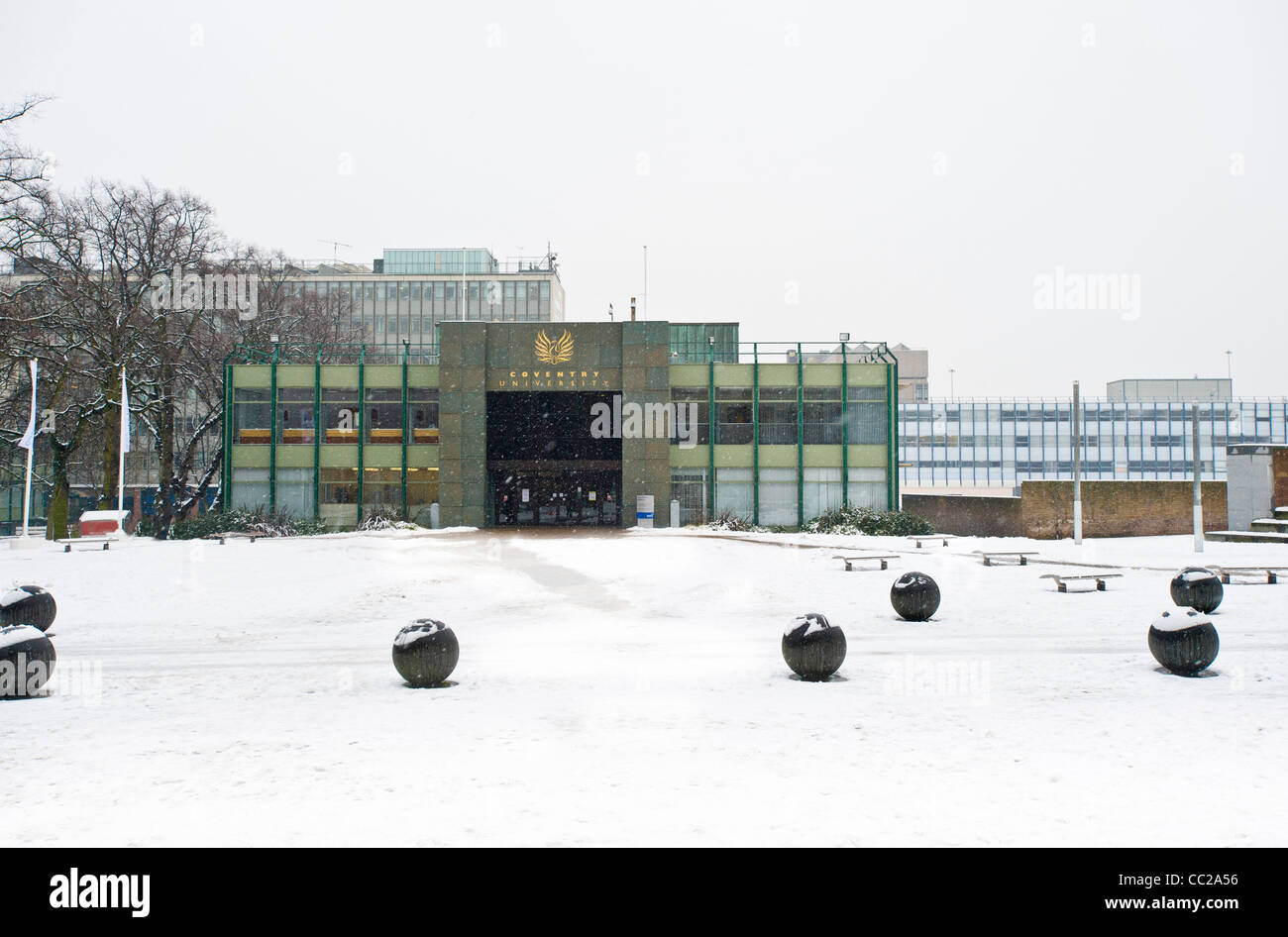 Coventry University Alan Berry building exterior, in snow, seen from