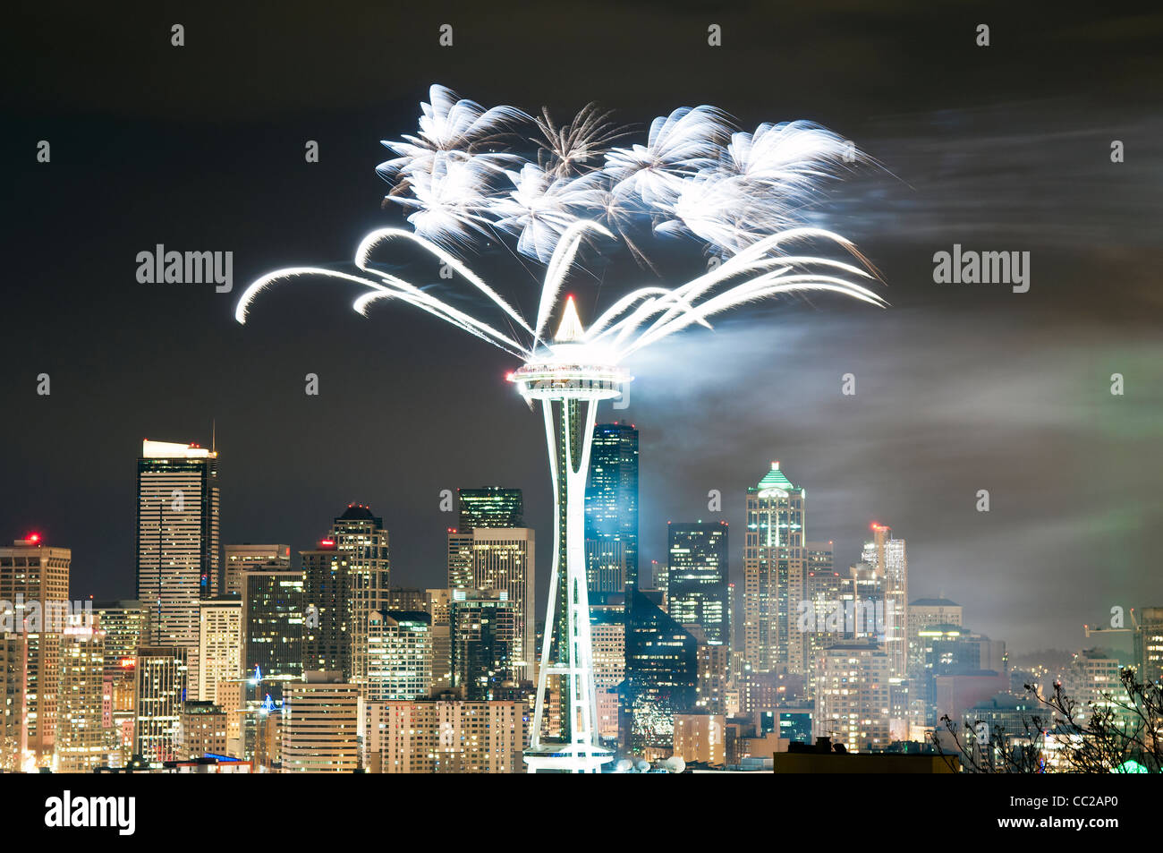 Fireworks' show on New Year's Eve at Space Needle, Seattle, Washington