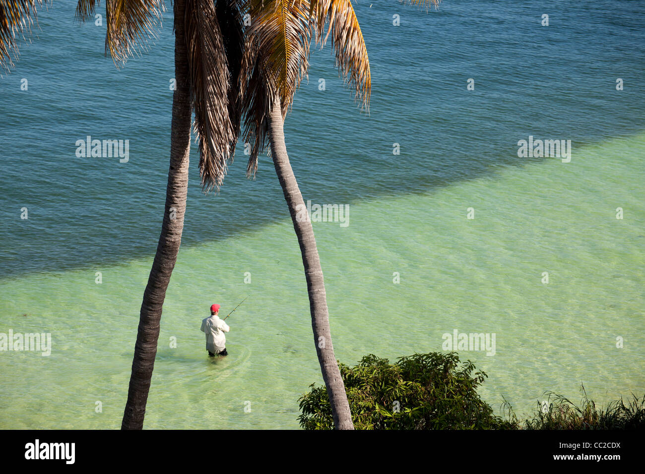 man fishing at Calusa Beach in Bahia Honda State Park, Florida Keys, Florida, USA Stock Photo