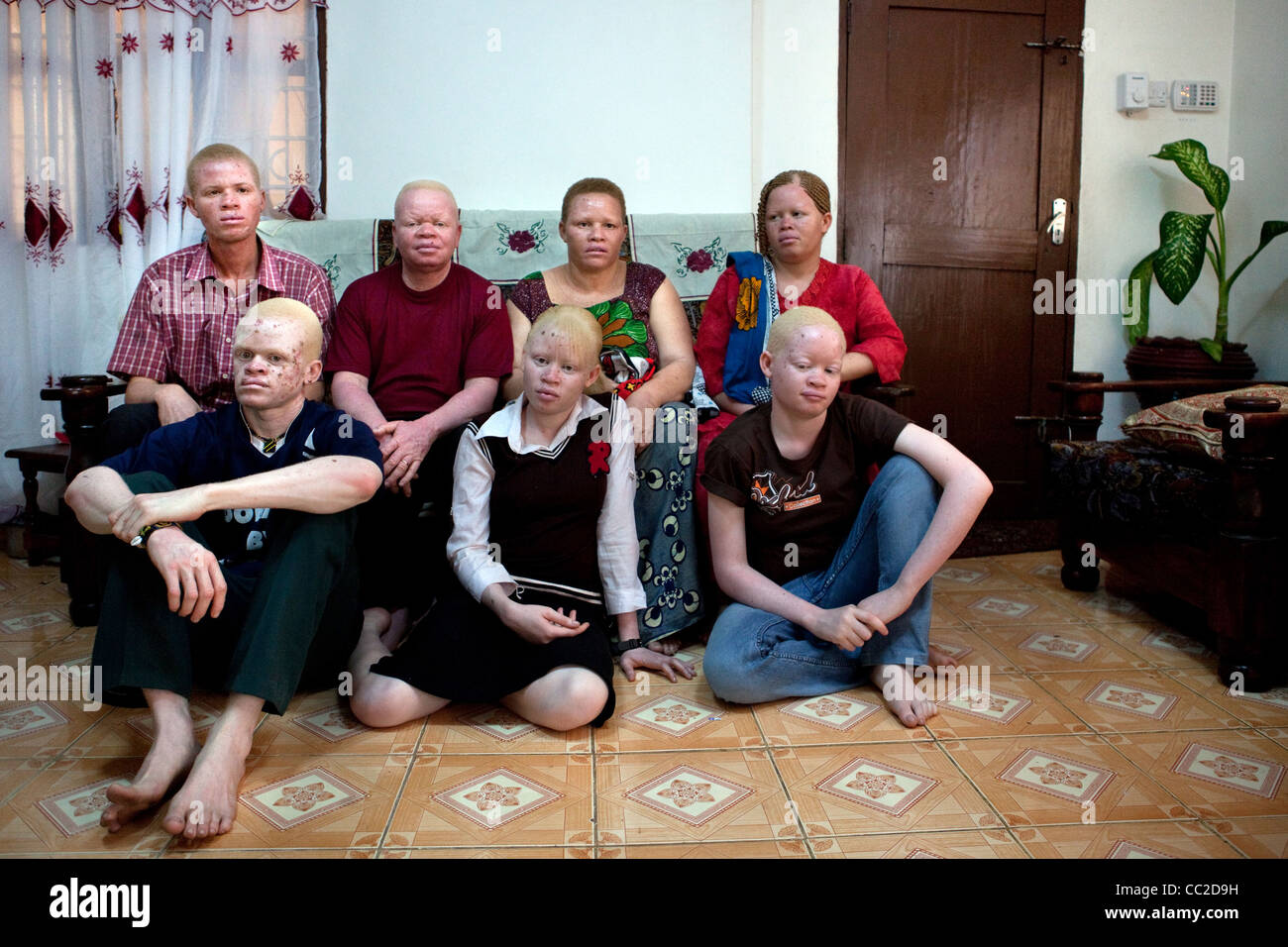 Family of seven albinos in Tanzania Stock Photo