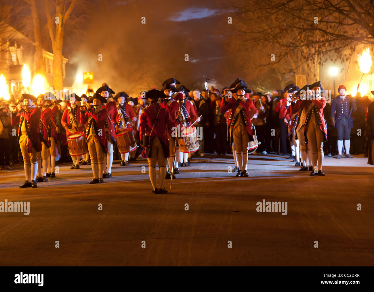 Soldiers marching in colonial uniform in the Grand Illumination at