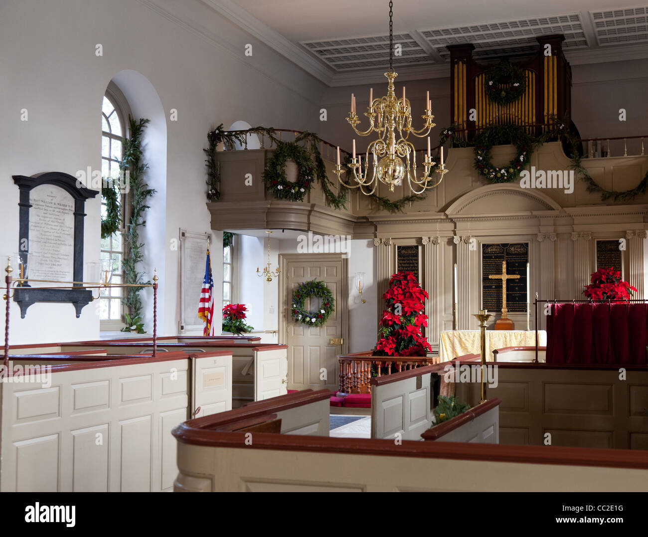 Interior of Bruton Parish Church in Williamsburg Virginia at Christmas Stock Photo