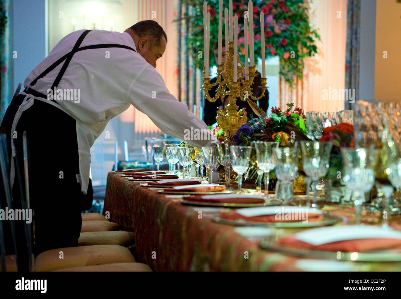 Preparations in the State Dining Room of the White House for the China state dinner. Stock Photo