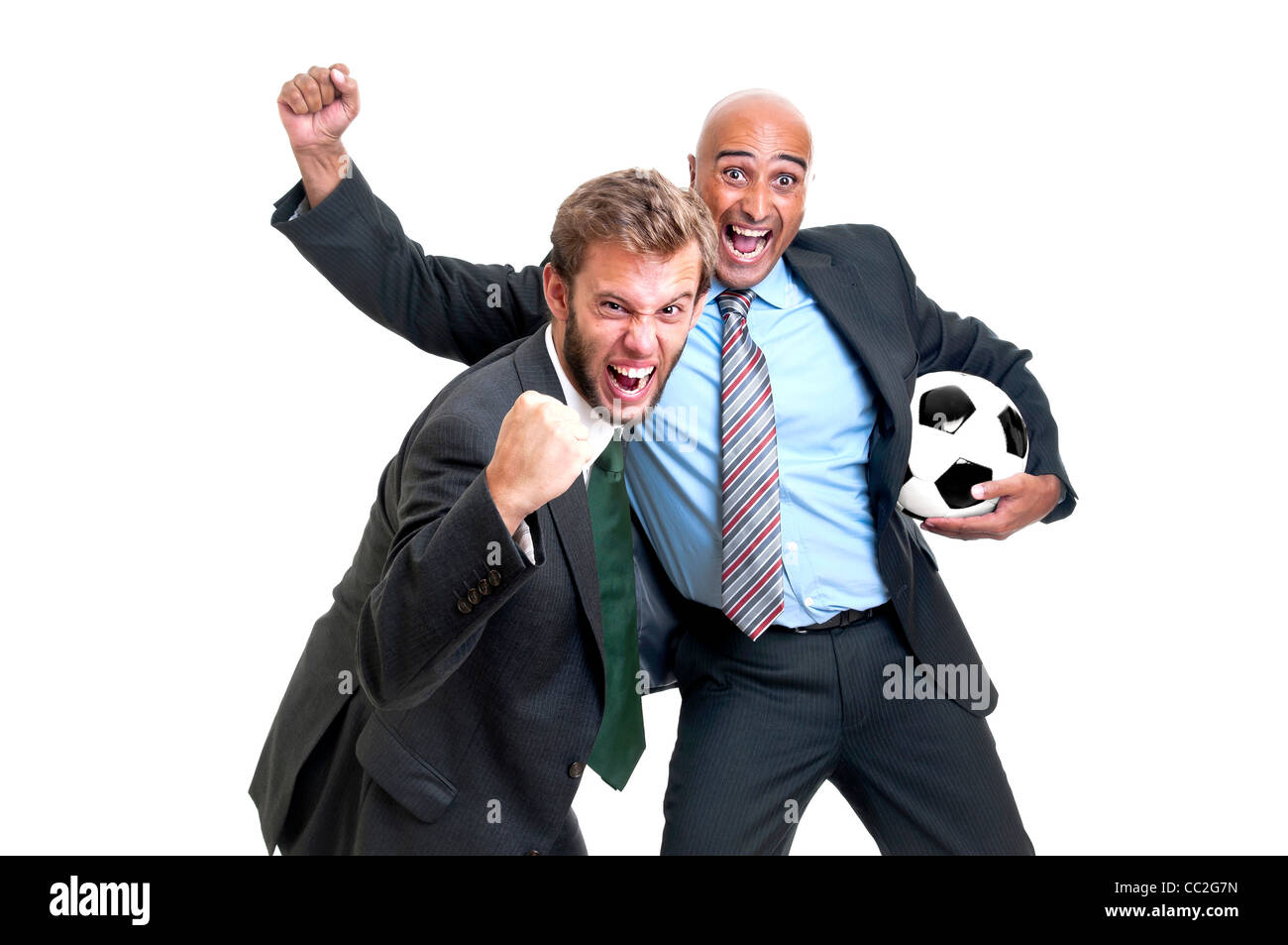 Happy businessmen with soccer ball isolated in white Stock Photo - Alamy