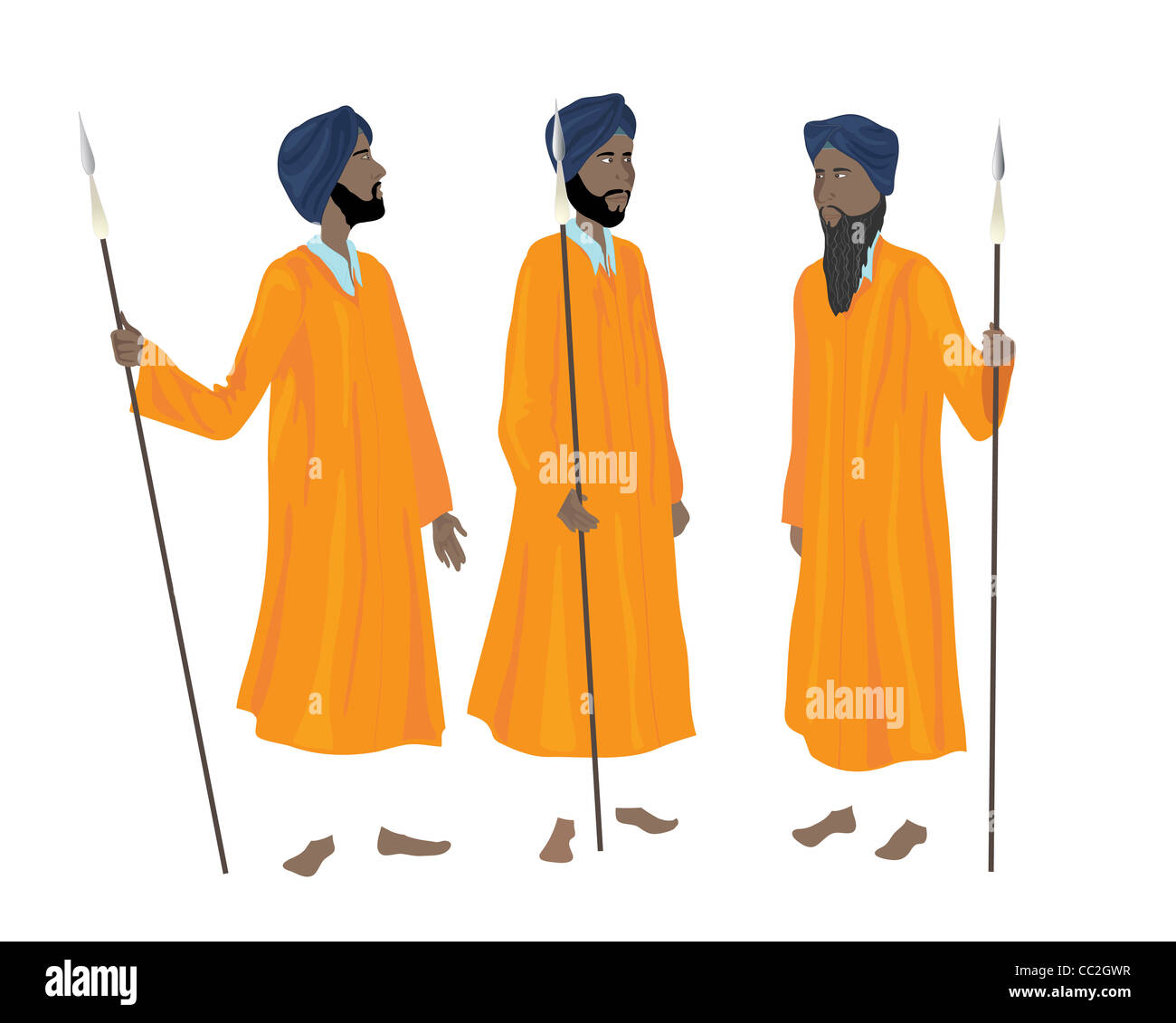 an illustration of three sikh men in the traditional uniform of the guards of the golden temple at amritsar Stock Photo