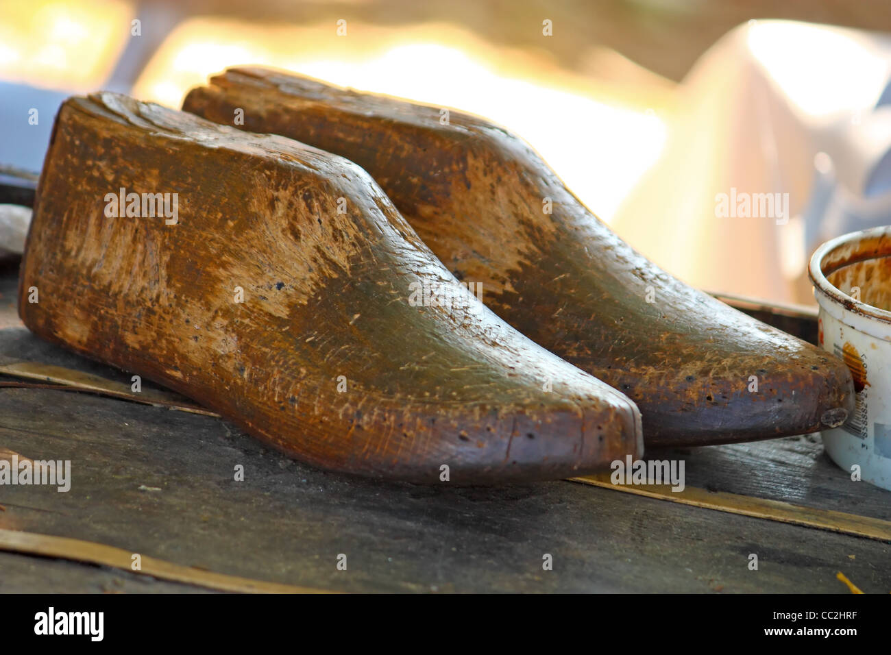 Shoemakers wooden mold for shoes, wooden form Stock Photo