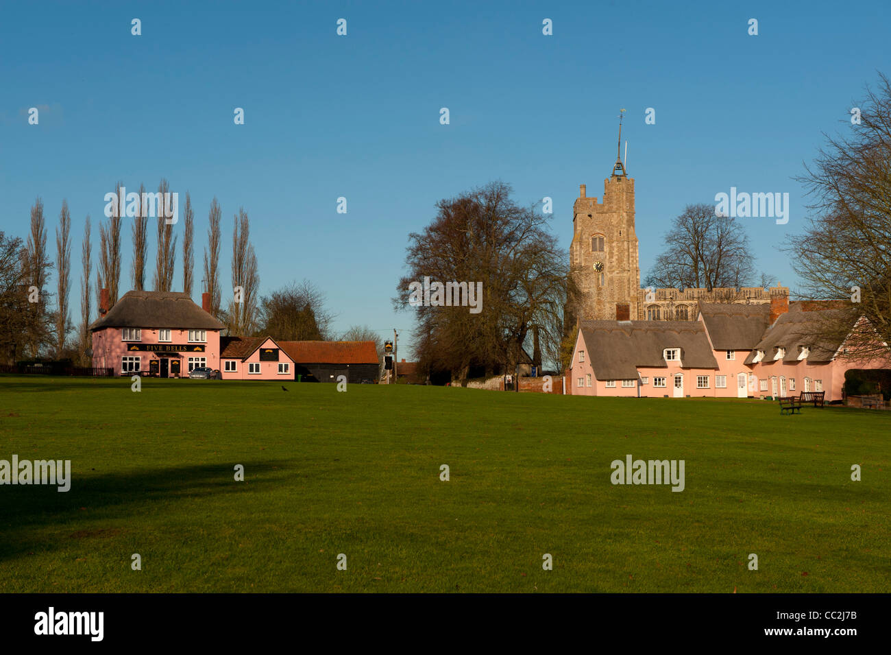 Cavendish,Suffolk,England. The village Green and St Mary's Church, one