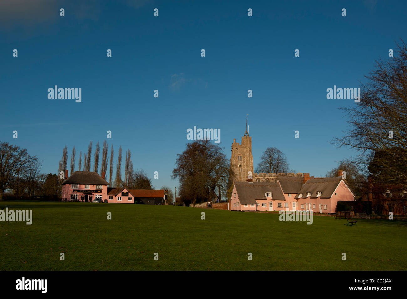 Cavendish,Suffolk,England. The village Green and St Mary's Church, one