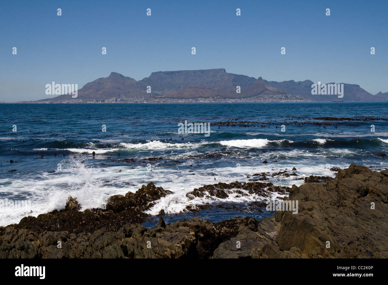 A view of Table Mountain from Robyn Island, Cape Town Stock Photo