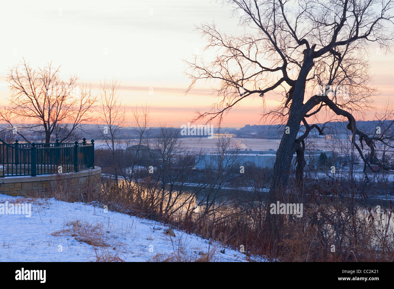 atop daytons bluff indian mounds park overlooking mississippi river and holman airfield at dawn