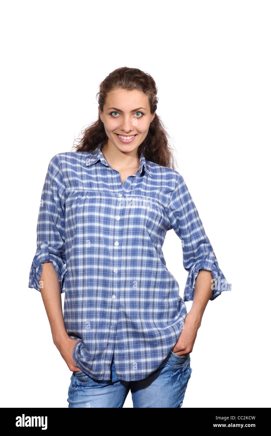 Beautiful girl in jeans and a shirt, smiles on a white background Stock