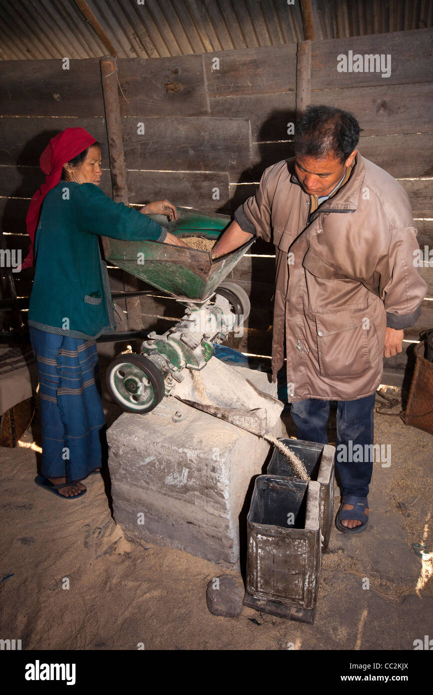 India, Arunachal Pradesh, Ziro Valley, Hari village mill, Apatani woman grinding grain with help of miller Stock Photo