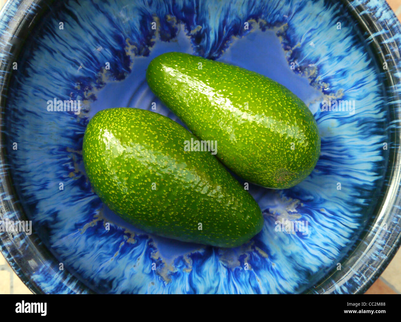 Two avocado pears in a blue bowl Stock Photo
