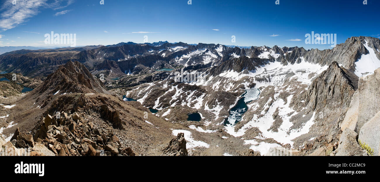 High Sierra Panorama from Mount Tom Ross including Blue heaven Lake and Mount Darwin Stock Photo