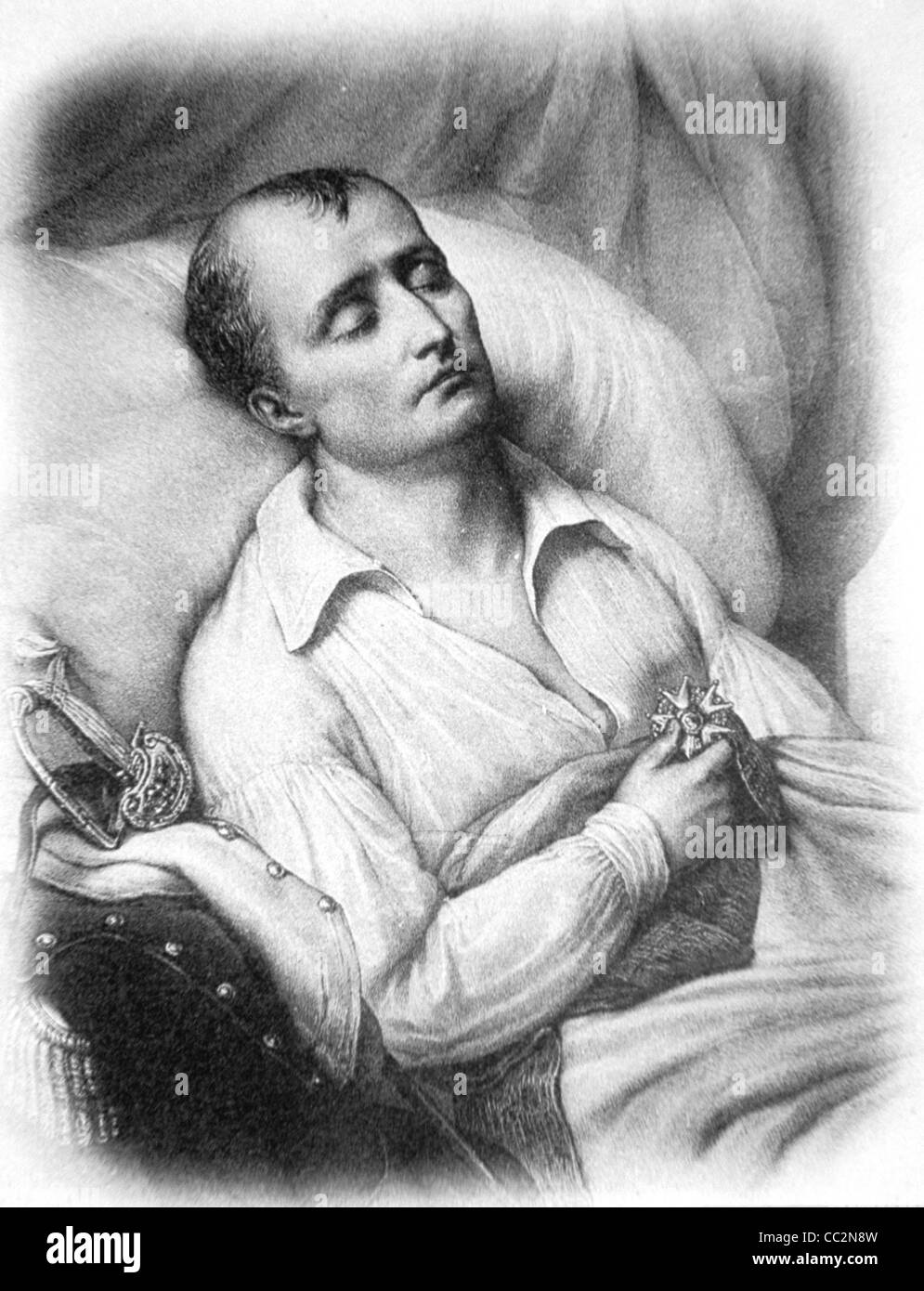 Portrait of Emperor Napoleon Bonaparte on his Death Bed, c19th Engraving or Illustration Stock Photo