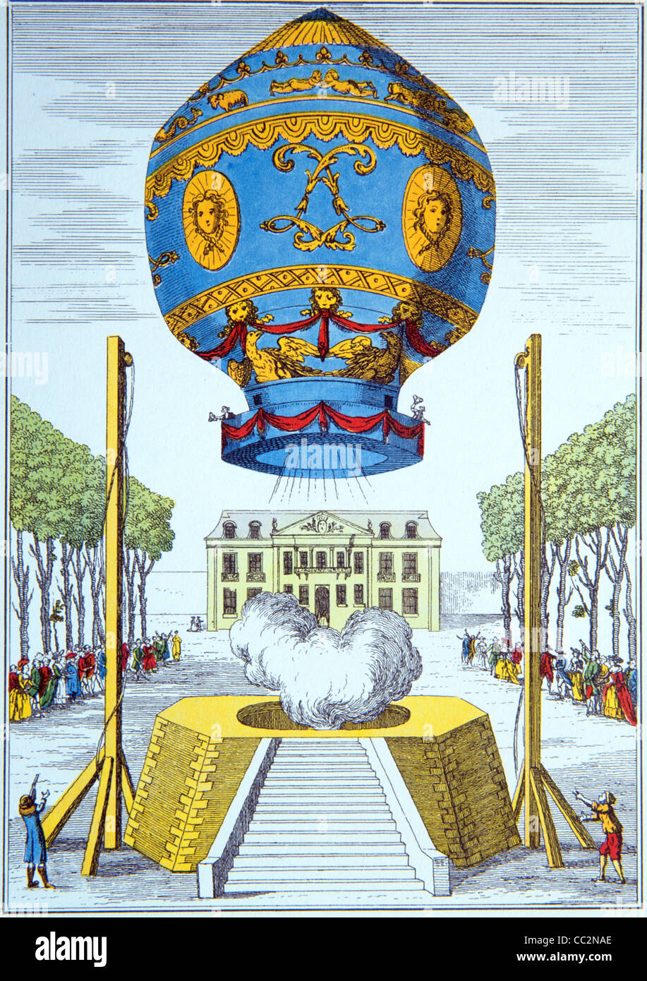 Montgolfier Brothers Hot Air Balloon. Maiden or World's First Flight of a Hot Air Balloon, Paris, November 1783. c19th Engraving or Illustration Stock Photo