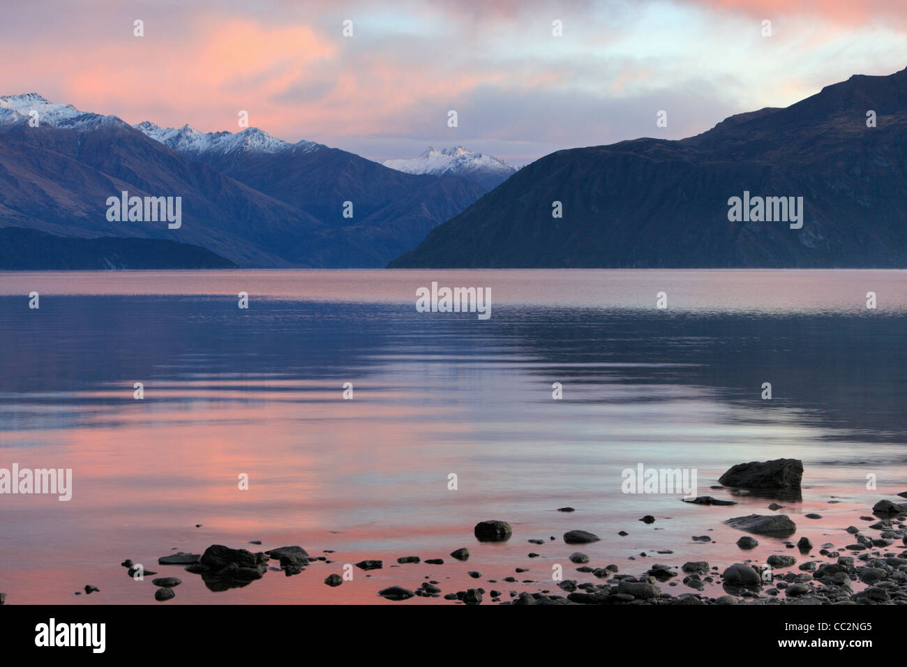 Morning twilight over Lake Wanaka and the snowcapped peaks of the