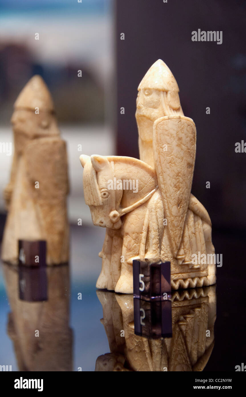 Scotland, Isle of Lewis. Stornoway Museum, The Lewis Chessmen, famous Nordic 12th century medieval ivory chess pieces. Stock Photo