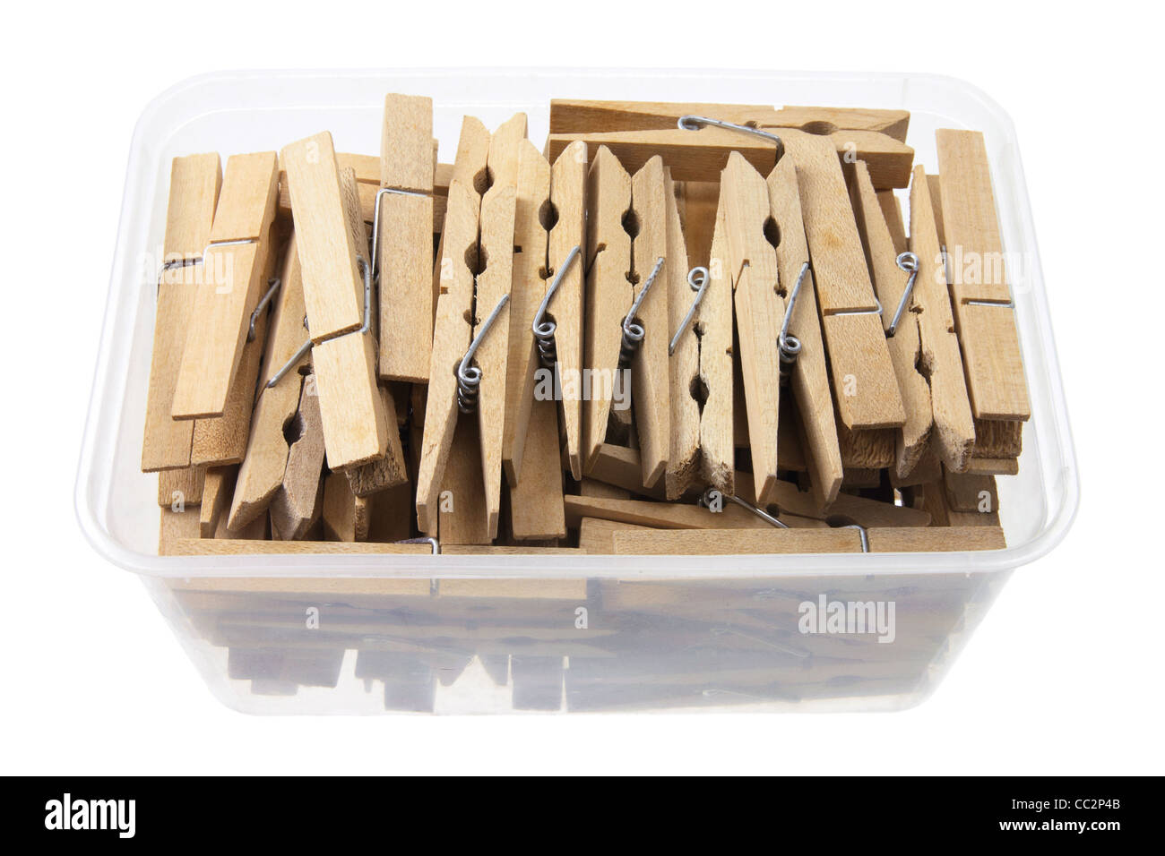 Clothes Pegs in Plastic Container Stock Photo
