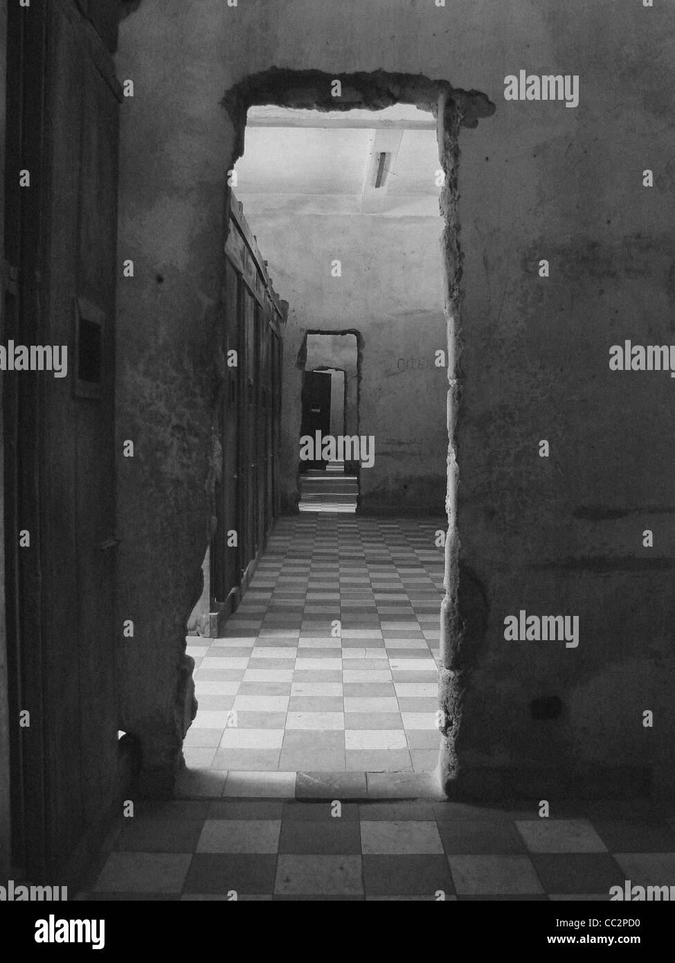 Black and white views inside the Khmer rough prison S-21 in Phnom Penh, Cambodia. Stock Photo