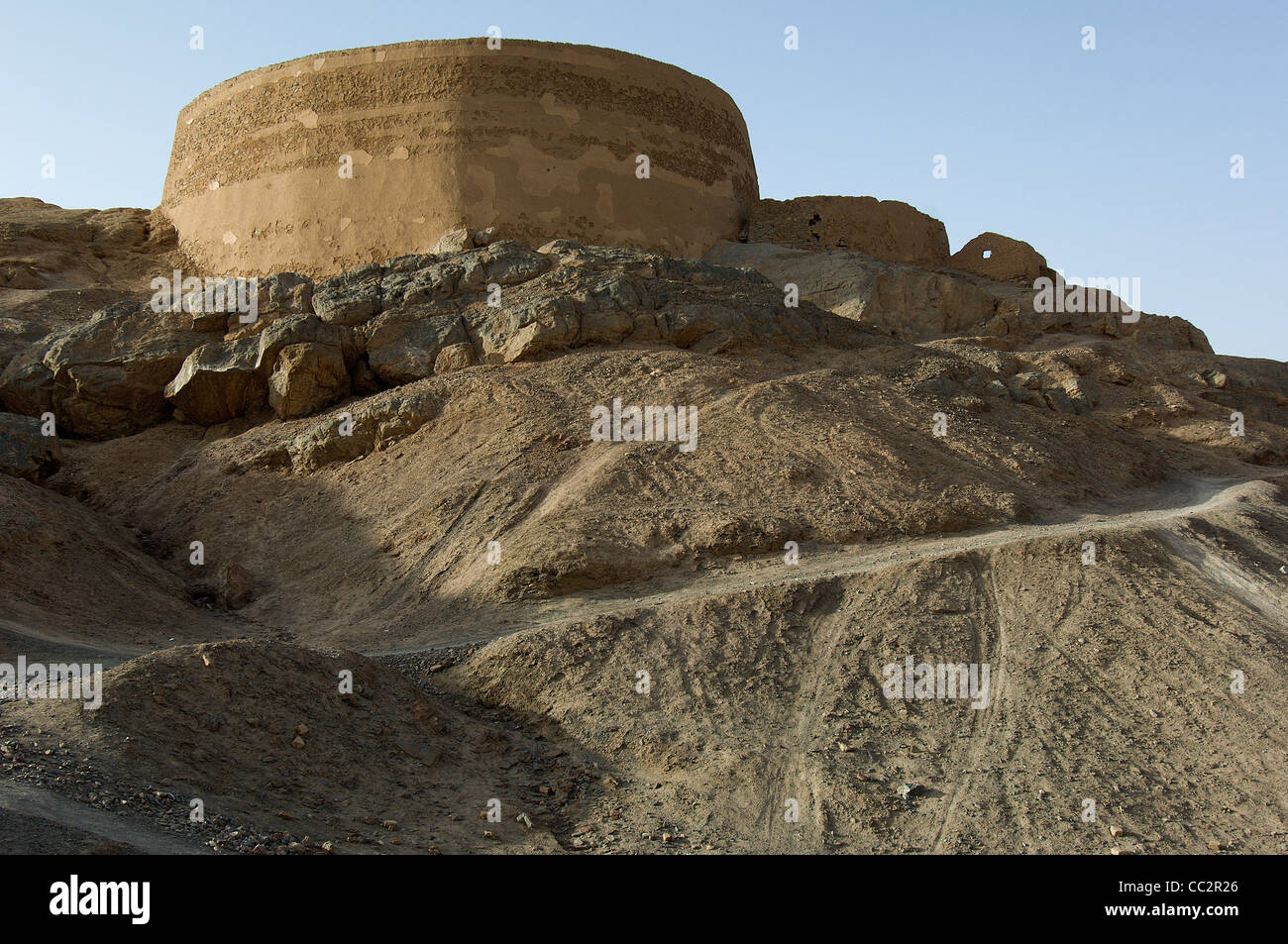 A Zoroastrian Tower of Silence outside Yazd in Iran where corpses lay uncovered to be picked clean by vultures in 'sky burials'. Stock Photo