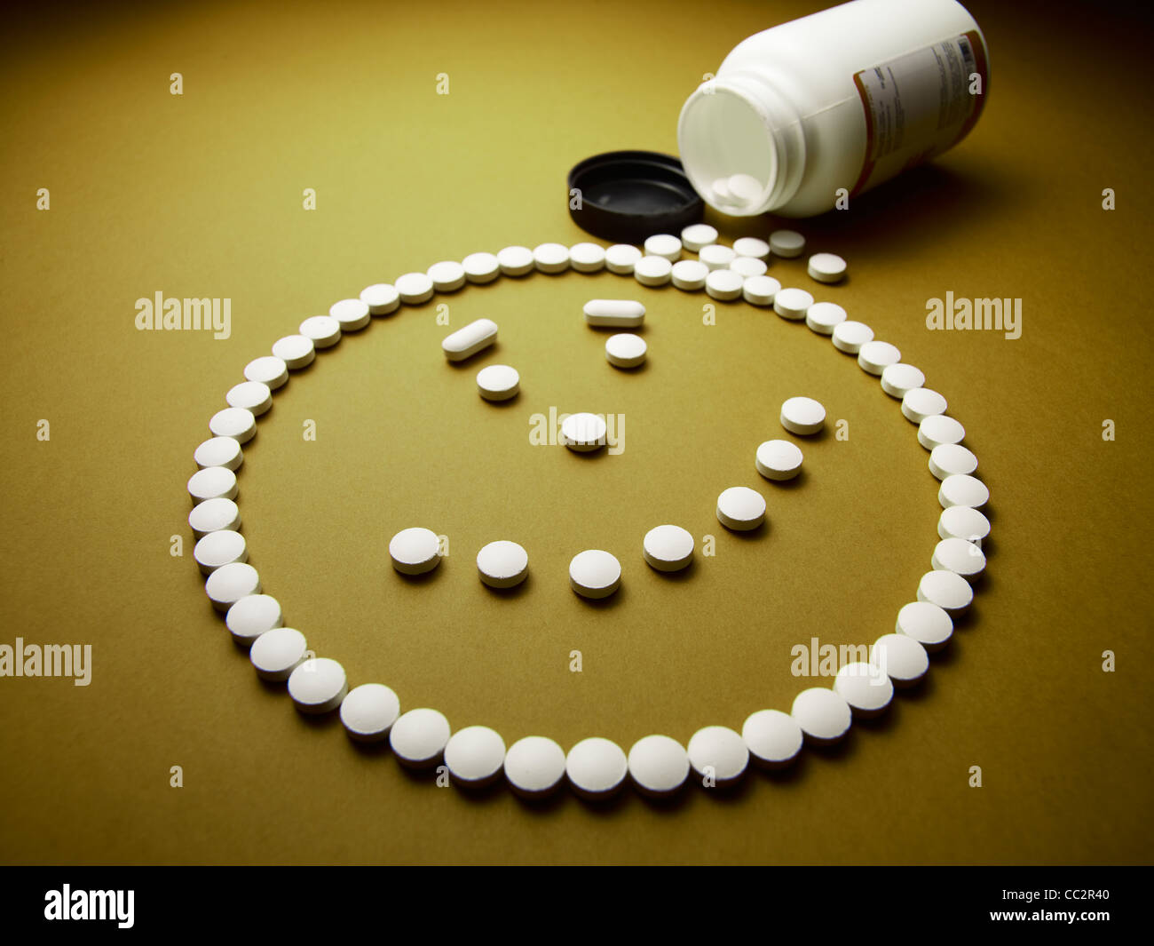 drugged happy face made out of pills and drugs Stock Photo