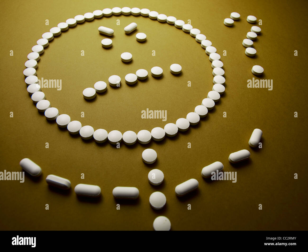 face made out of pills and drugs frustrated with question mark Stock Photo