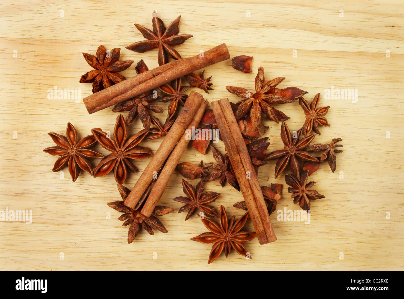 Star anise and cinnamon spice on a wooden board Stock Photo