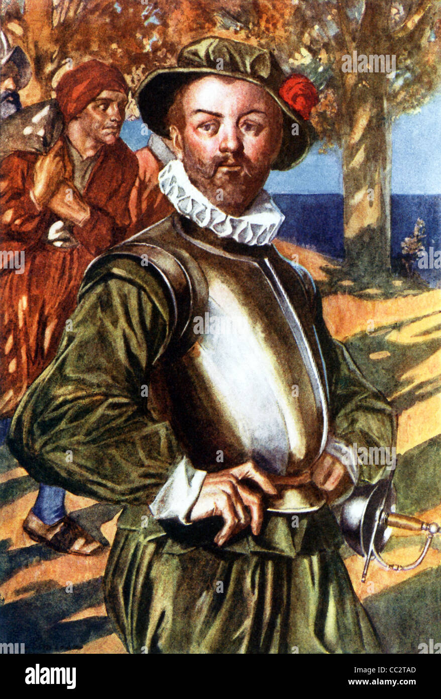 English navigator Sir Francis Drake shown while disembarking at one of the stops he made, while sailing his galleon 'Pelican.' Stock Photo