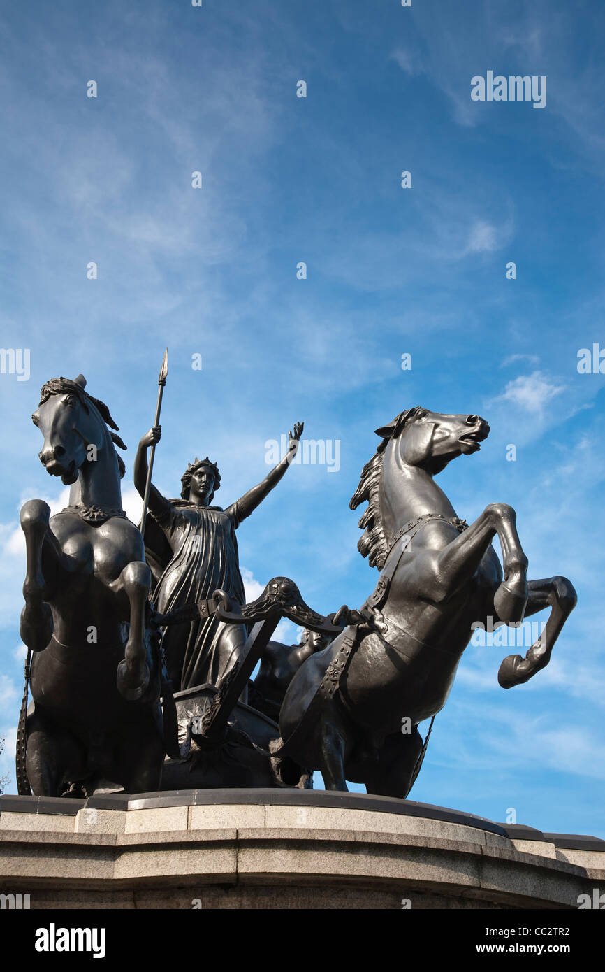 A sculpture depicting the warrior queen Boudica of the Iceni with her daughters, near Westminster Pier, London, England. Stock Photo