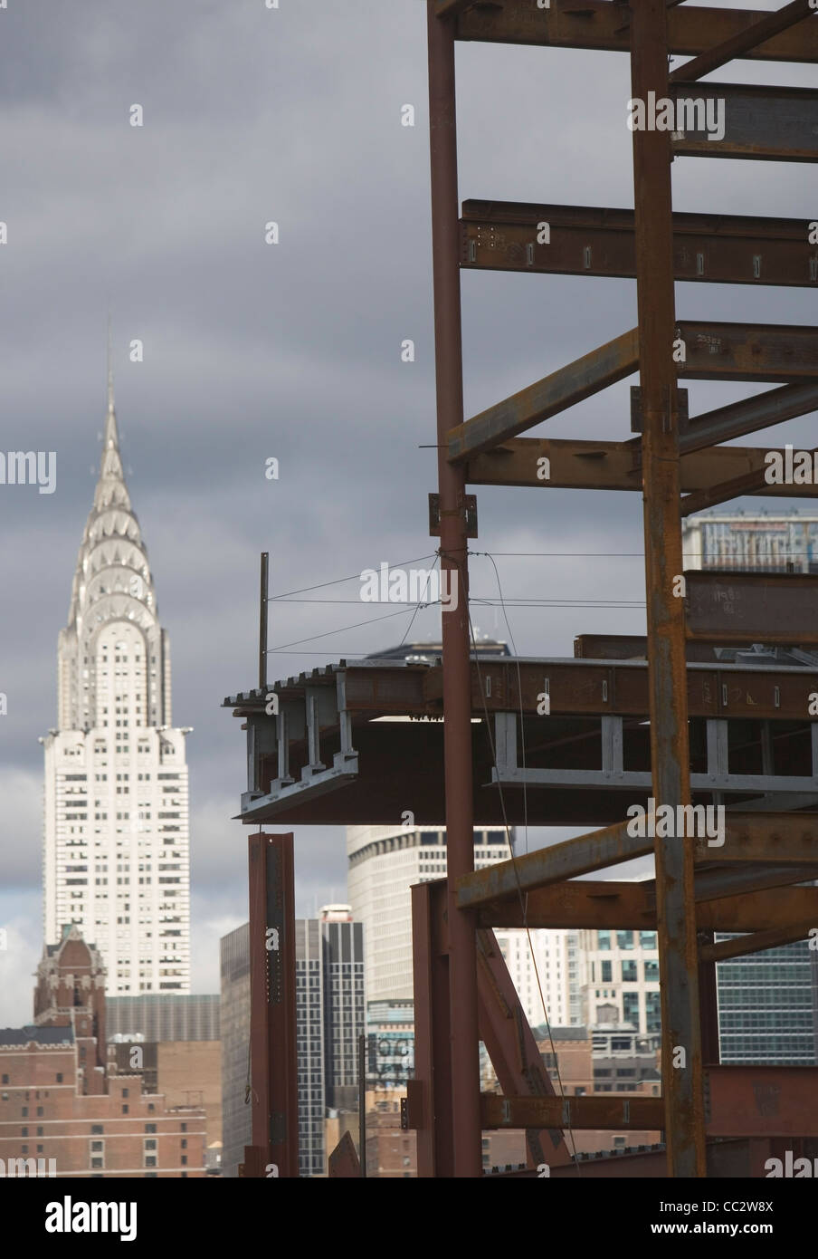 USA, New York State, New York City, Construction site and Chrysler building in background Stock Photo