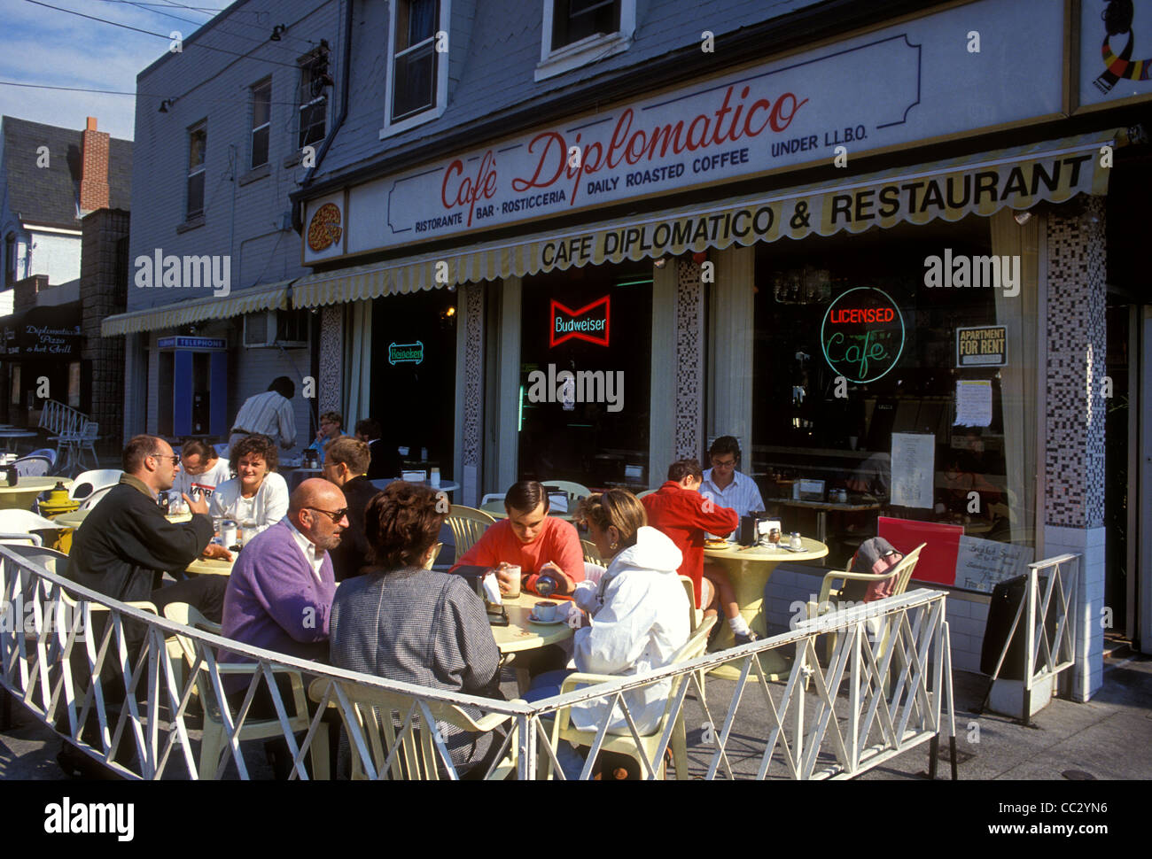 Cafe Diplomatico, outdoor cafe restaurant, outdoor cafe, outdoor restaurant, food and drink, Little Italy, Toronto, Ontario Province, Canada Stock Photo