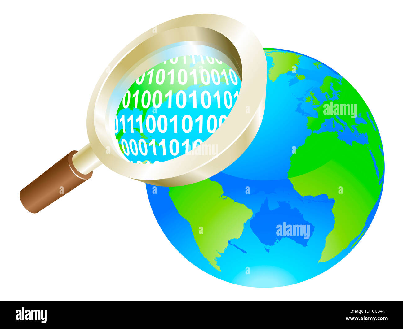 Conceptual illustration of magnifying glass binary data world globe