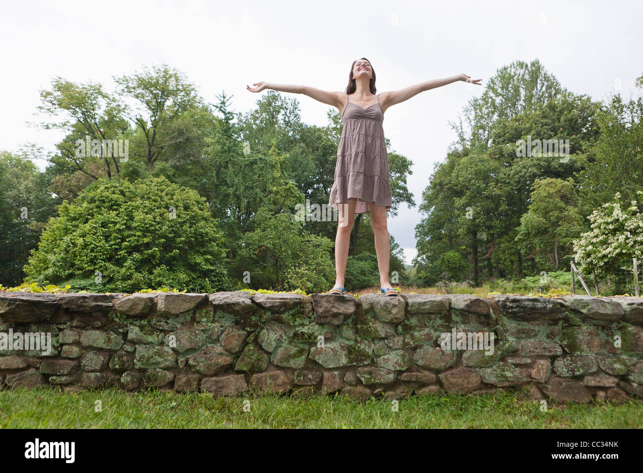 USA, New Jersey, Happy woman standing on stone wall on field Stock Photo