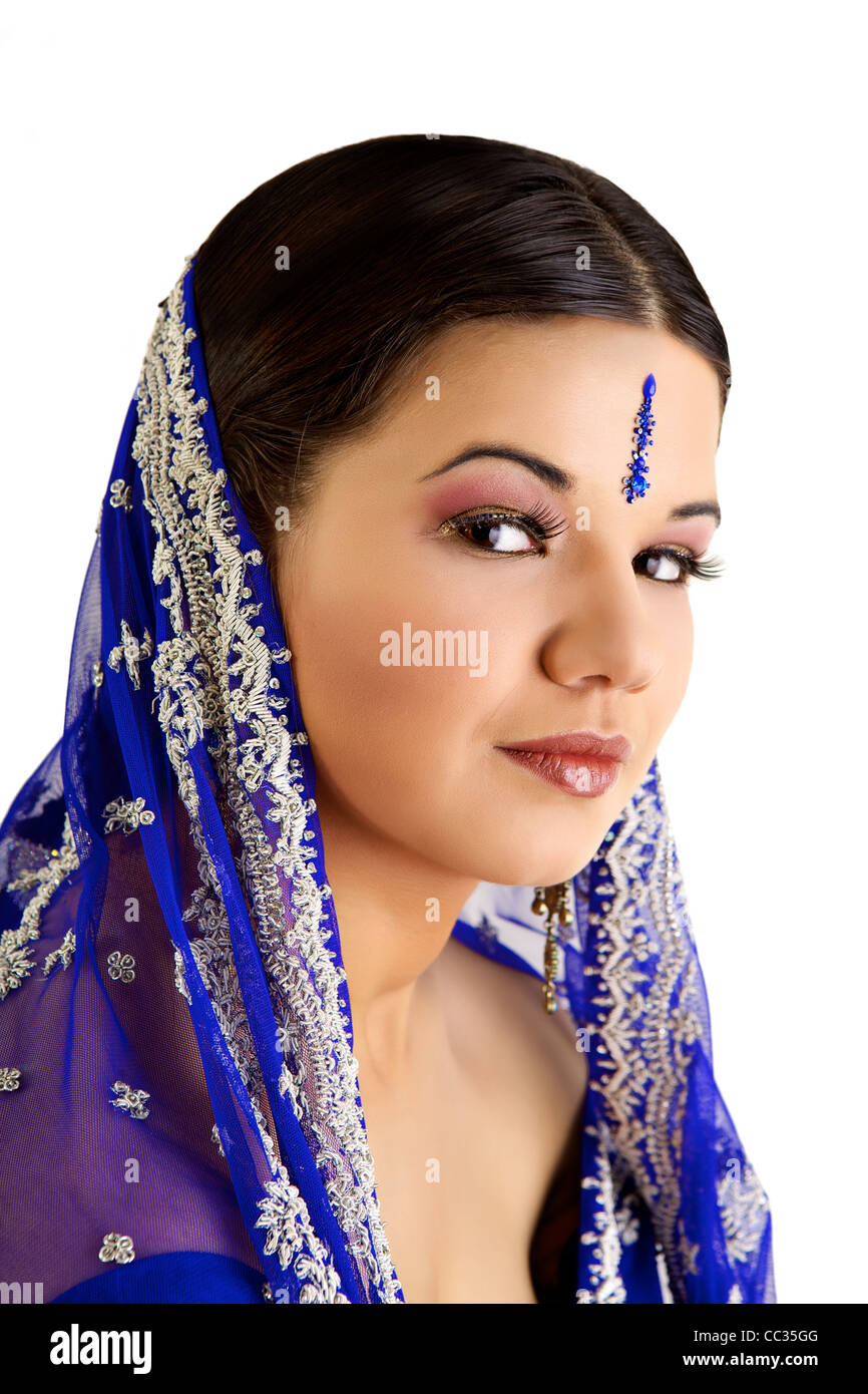 Indian woman with a beautiful blue sari Stock Photo
