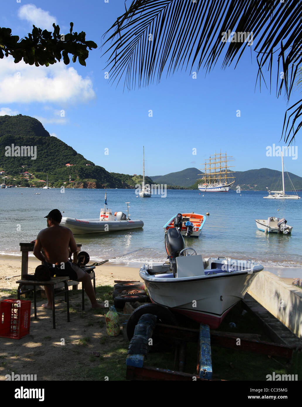 'Royal Clipper' square-rigged sailing ship  anchored off Isles des Saintes in the Eastern Caribbean Stock Photo