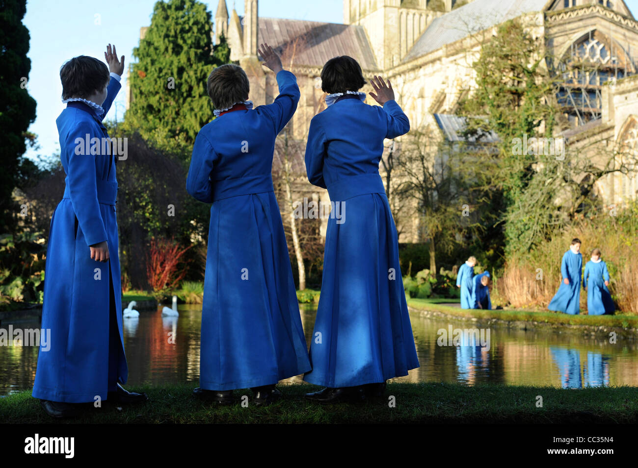 Boy choristers from the Wells Cathedral Choir in Somerset UK during a break from rehearsals for Christmas carol services by 'The Stock Photo