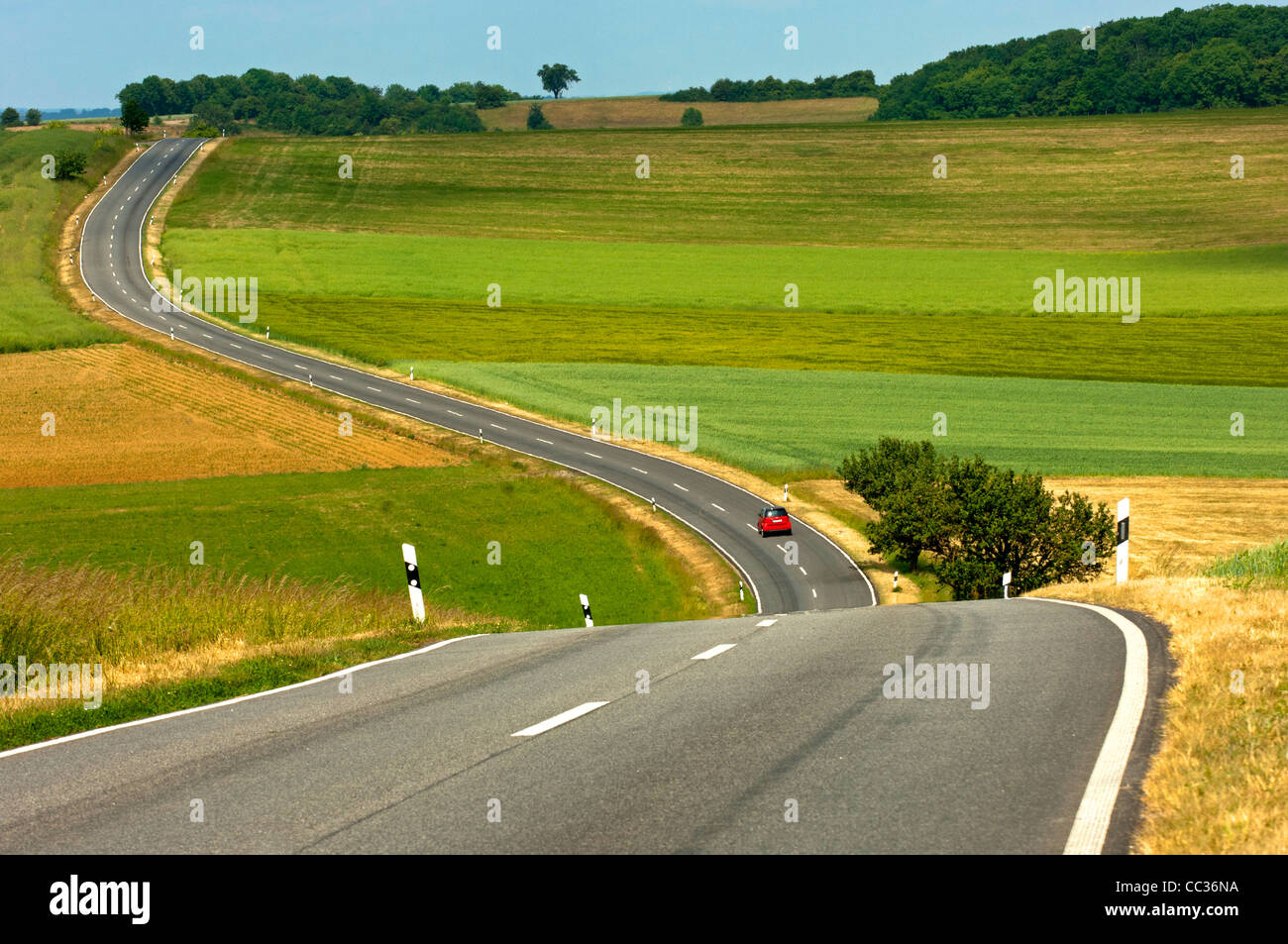 Country road meandering through fields in a rolling landscape