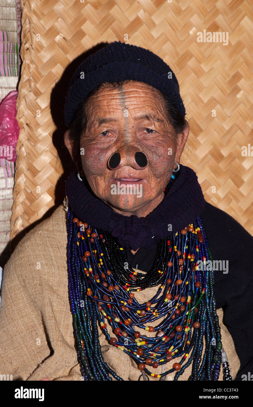 India, Arunachal Pradesh, Ziro Valley, Mida, face of older tattooed Apatani woman with facial tattoos and nose plugs Stock Photo