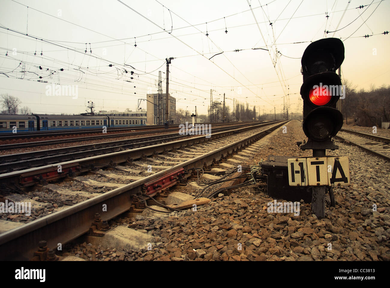 railway distance, dangerous red, steel, transportation, travel Stock Photo