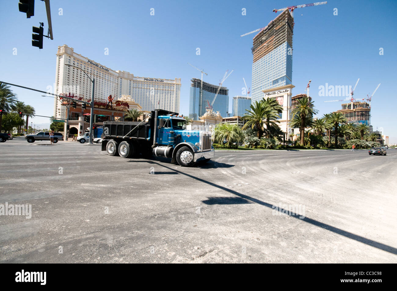 Construction truck in front of the Monte Carlo and Cosmopolitan Hotels Stock Photo
