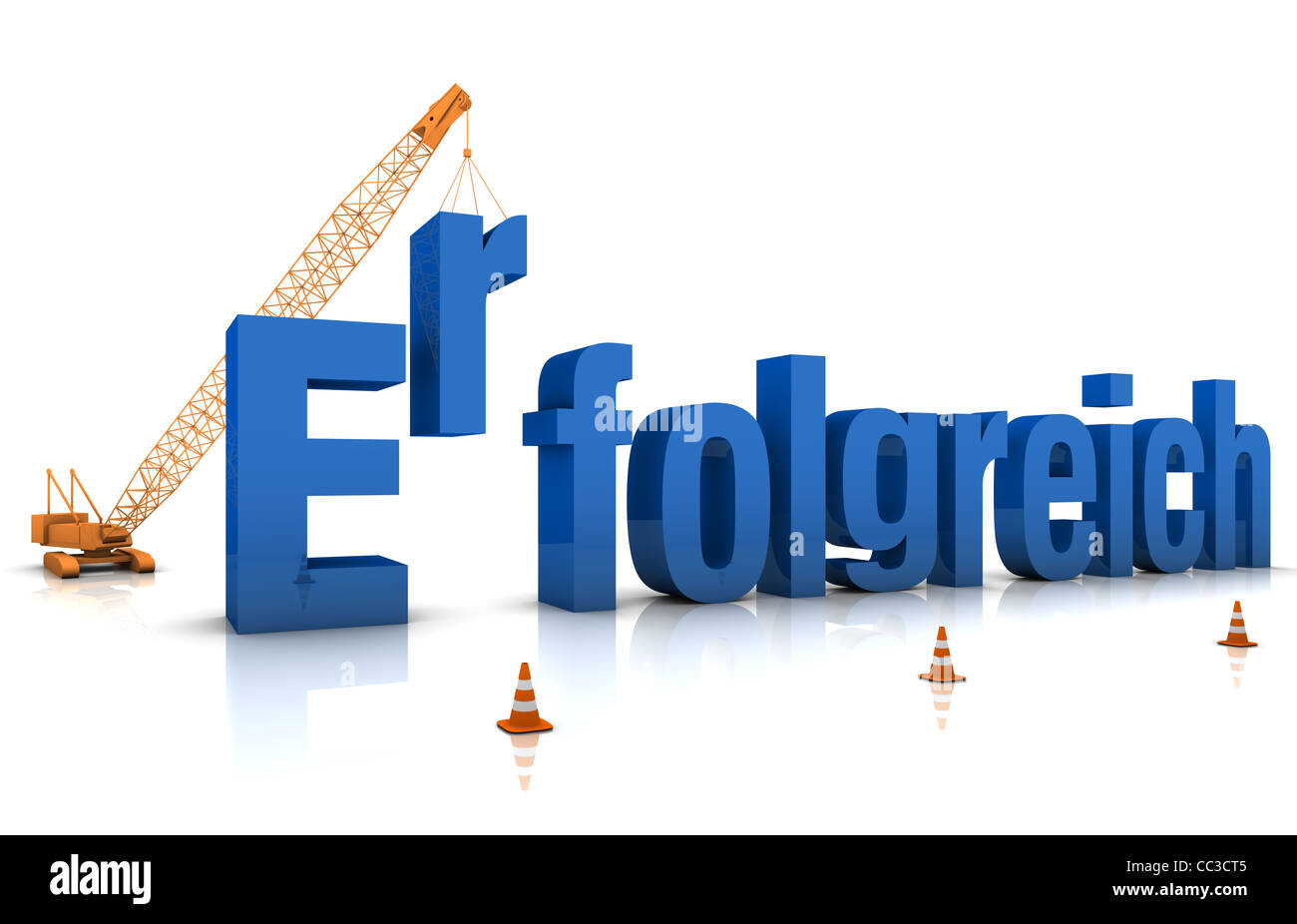 German language: ERFOLGREICH 3D word under construction. Part of a series. Stock Photo