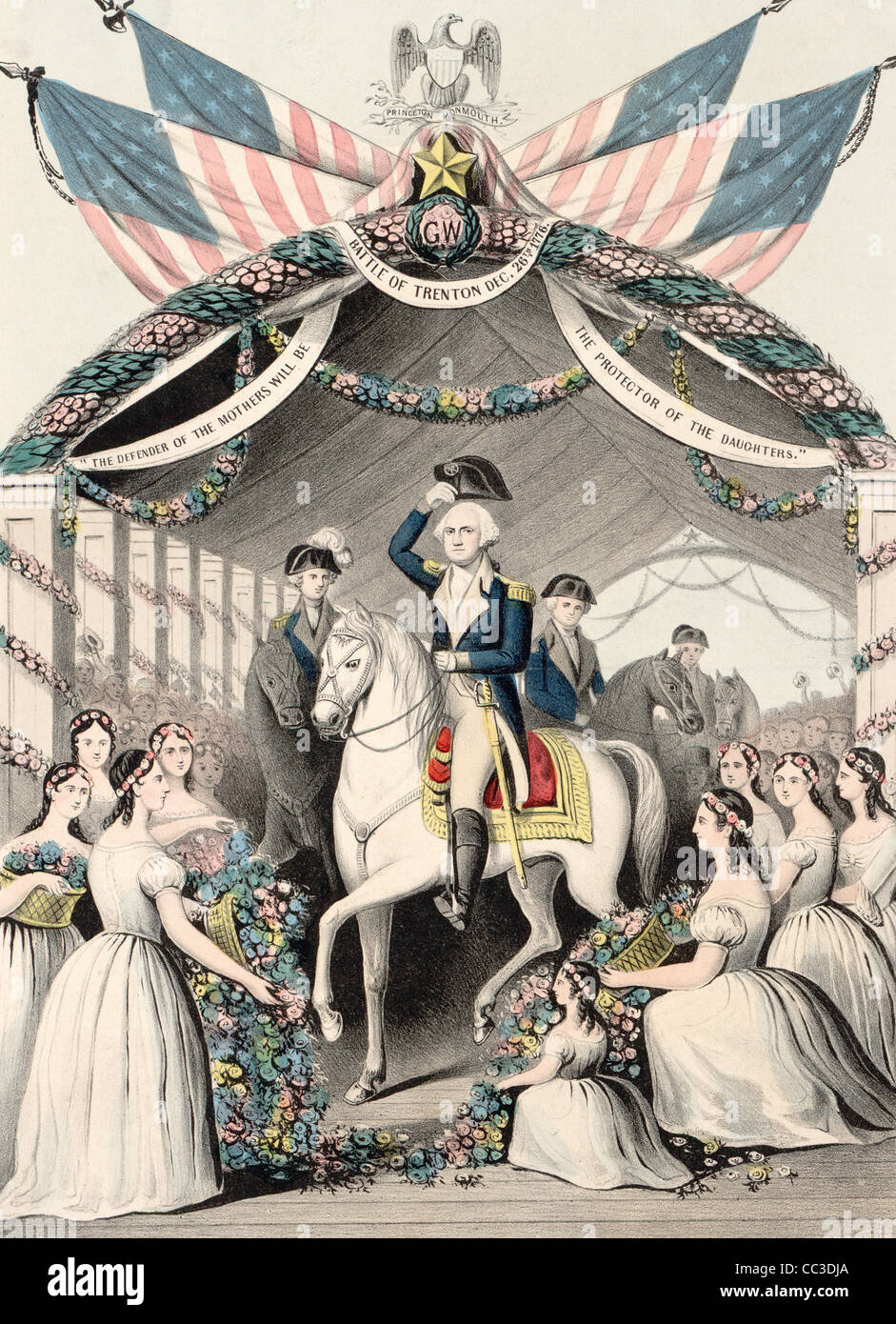 Washington's reception by the ladies, on passing the bridge at Trenton, N.J., April, 1789. On his way to be inaugurated first president of the United States Stock Photo