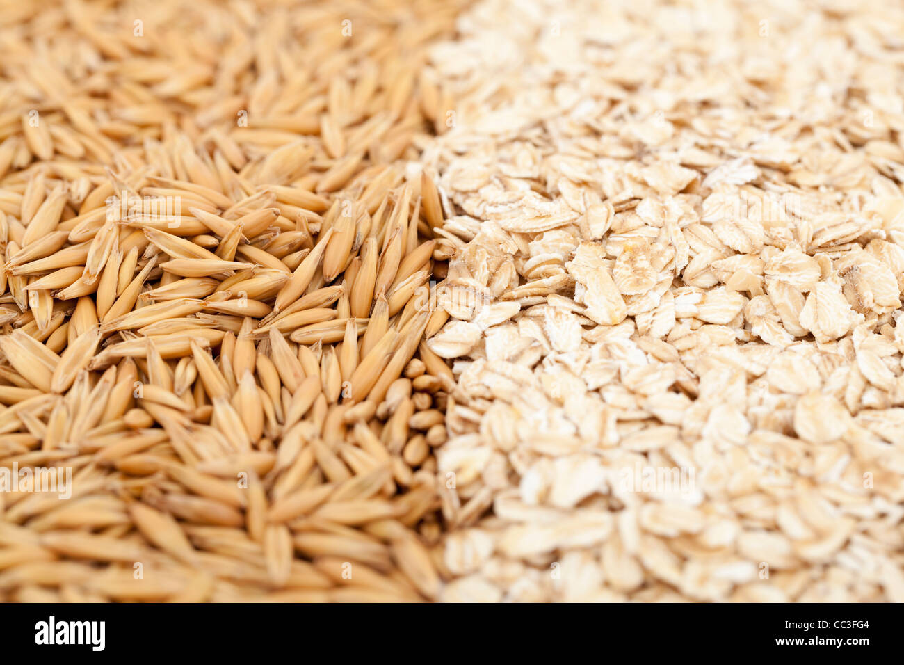 dry and raw oat with oatmeal as background Stock Photo